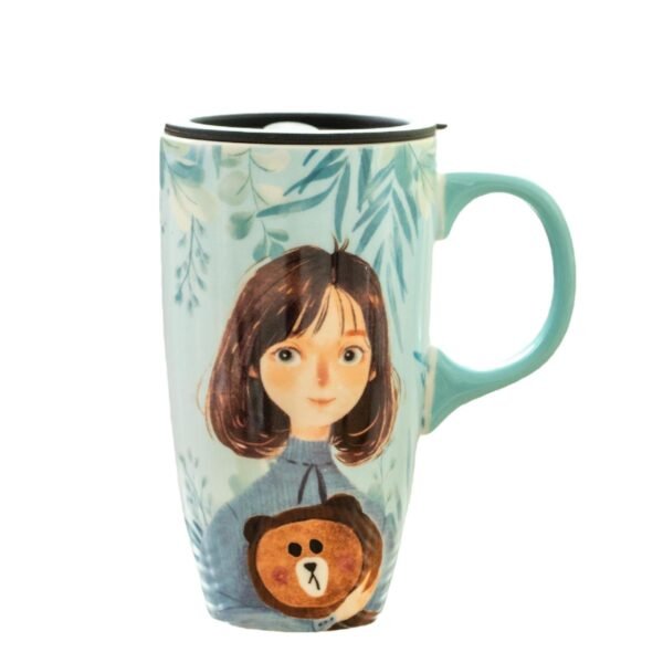 Large ceramic mug with cute design and lid.