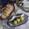 wholesale Japanese relief leaf-shaped ceramic plate with kiln glaze