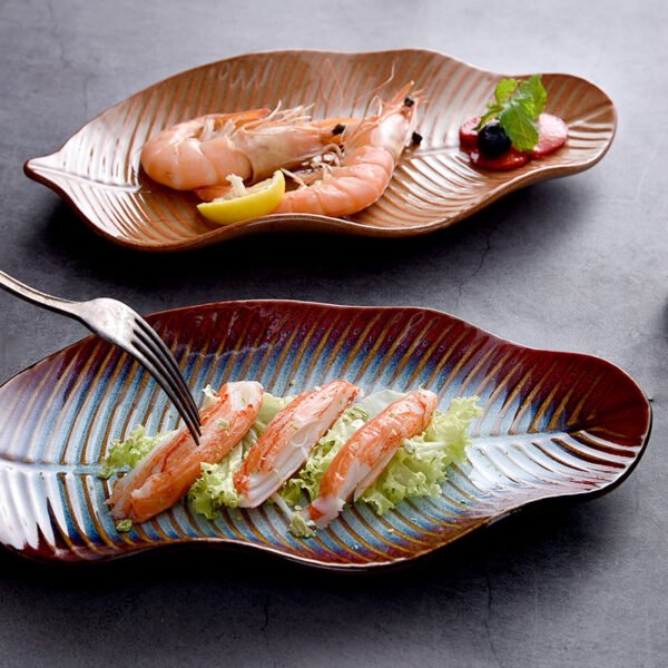 wholesale Leaf-shaped ceramic sushi plate with relief texture