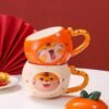 Fun ceramic mug with a cartoon tiger lid and handle, ideal for everyday use.