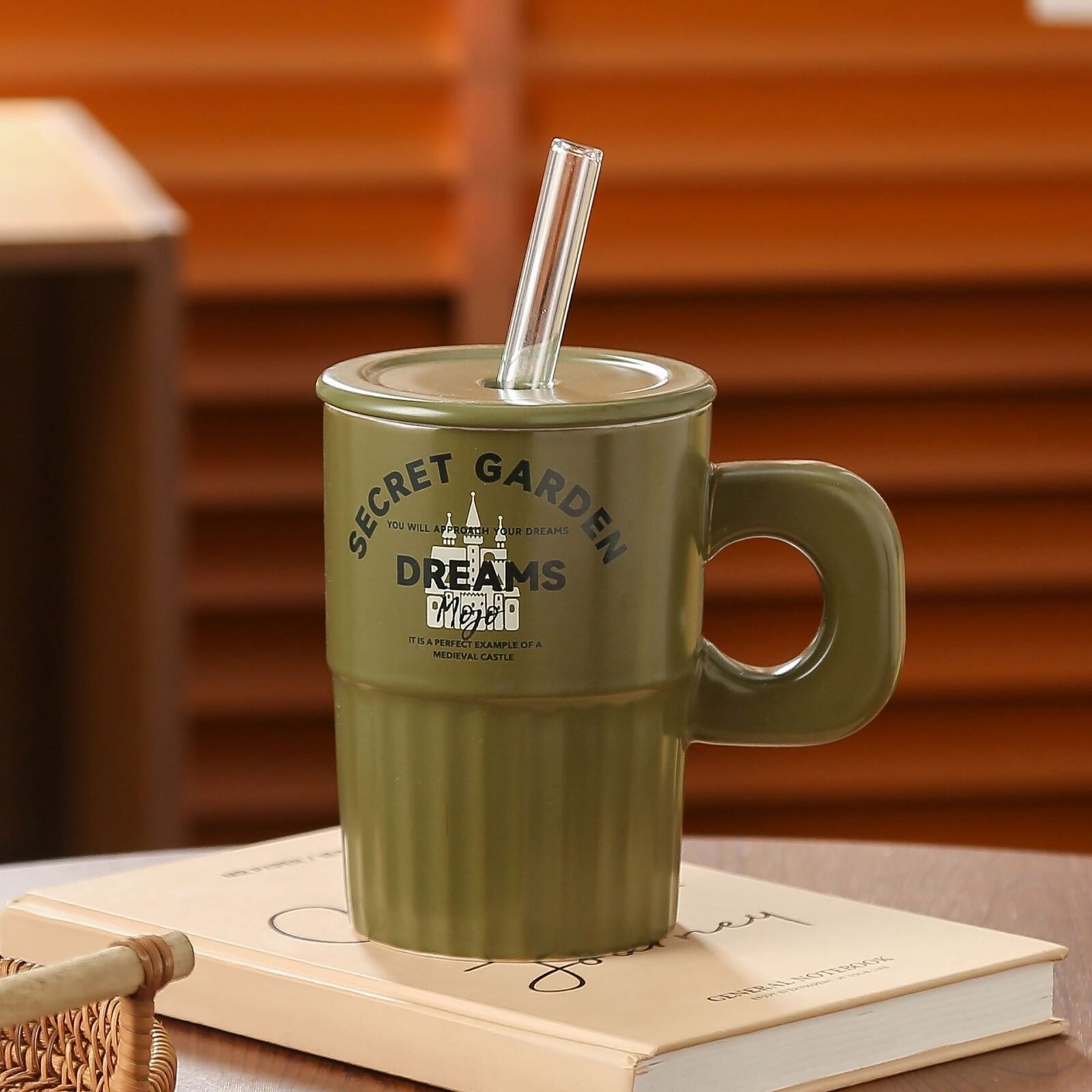 Ceramic water cup with lid and straw for couples