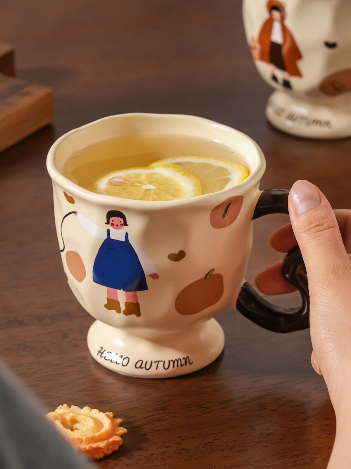 High stem ceramic coffee mug with vintage girl design