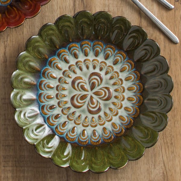 Irregular peacock tail ceramic plate with reactive glaze