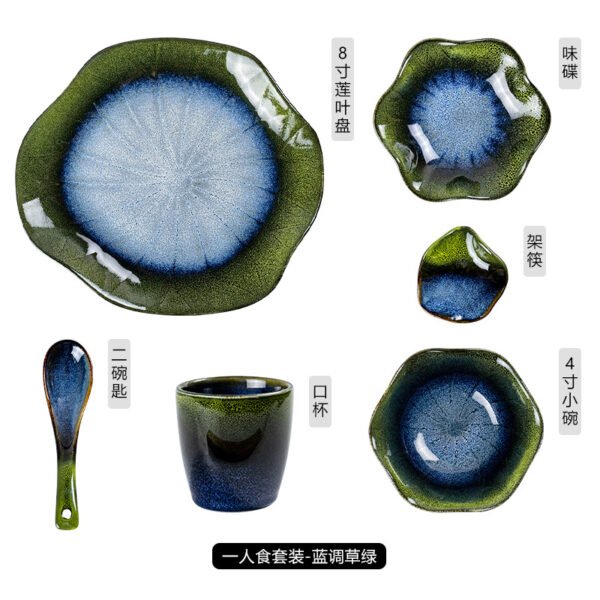 One-person vintage kiln-glazed dinnerware set, includes bowl, plate, and cup