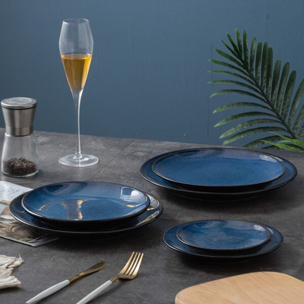 Round ceramic steak plate with starry blue finish