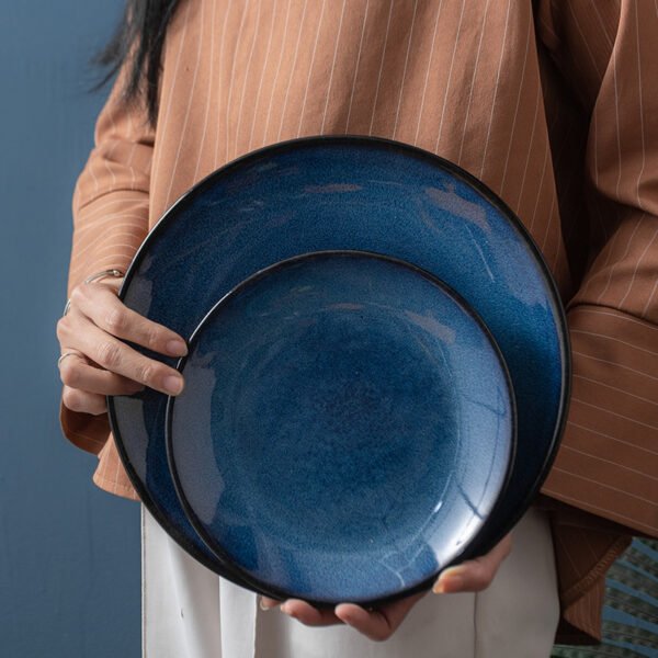 Large round dinner plate with starry blue glaze