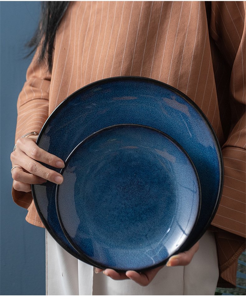 Durable ceramic dinner plate with starry blue glaze