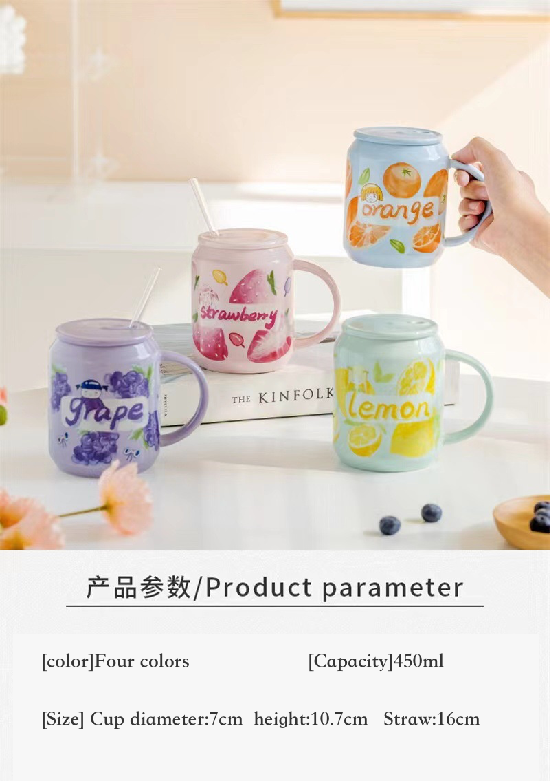 Grape soda can ceramic mug with lid and straw
