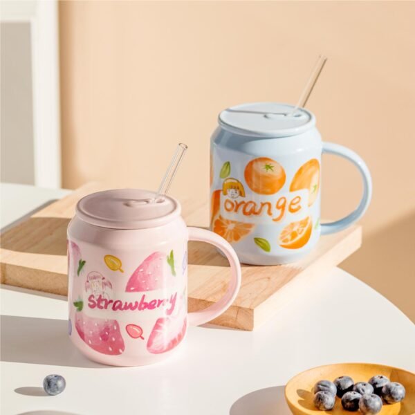 Lemon soda can ceramic mug with lid and straw