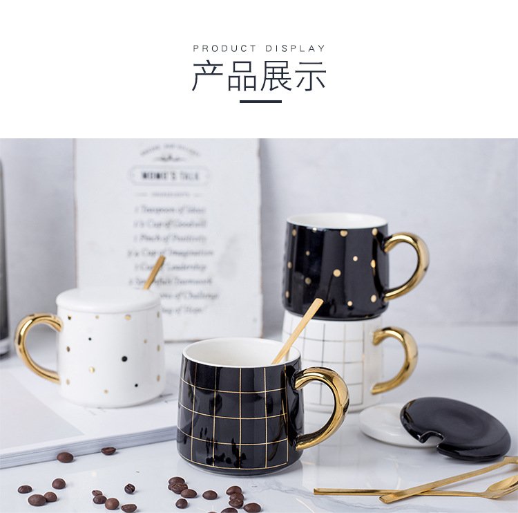 Stylish black and white coffee cup with lid and spoon