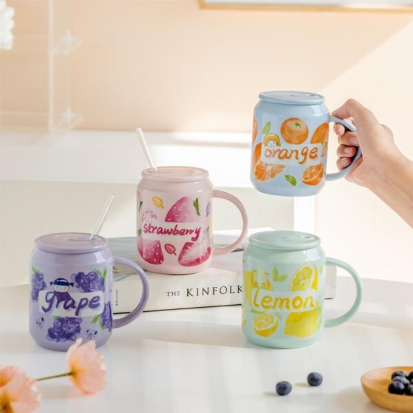 Strawberry ceramic mug with lid and straw