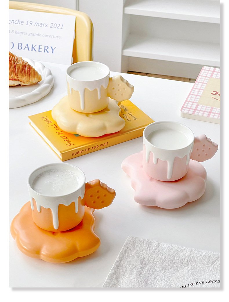 Brown Ceramic Milk Mug with Cookie Saucer