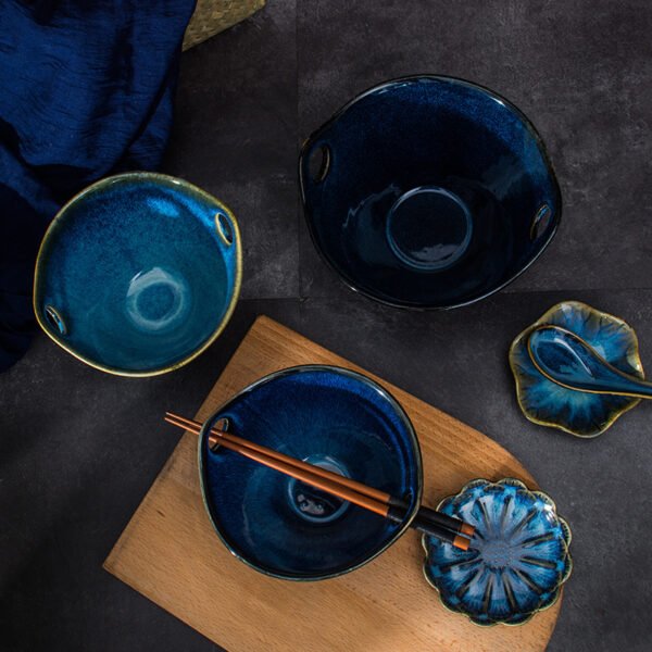 High pedestal ceramic ramen bowl, Chinese kiln-glazed design